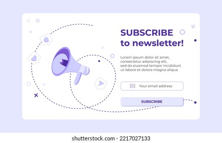 Suscríbete a la pancarta del boletín con megáfono e icono de mensaje en los medios sociales. Cartel vector del email marketing. Suscripción a boletín, noticias, ofertas, promociones. Enviar por correo. Sígueme