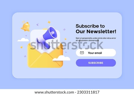 Subscribe to newsletter banner template with letter envelope and megaphone. Email business marketing concept. Subscription to news and promotions. Registration form. Web button mockup. 3D Vector