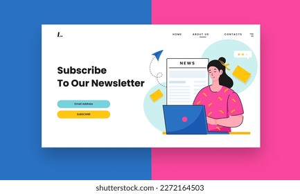 Subscribe To Newsletter Based Landing Page With Young Woman Character Using Laptop.