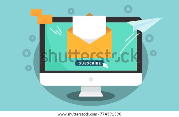 Subscribe to newsletter\
concept. Subscribe button with the cursor on the computer screen.\
Open message with the document. Paper airplane icon. Vector\
illustration
