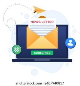 Subscribe to newsletter concept flat illustration vector template, Open envelope with document on laptop screen, Email marketing concept for landing page, website banner, infographic, mobile app