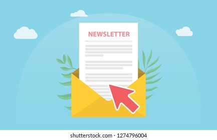 subscribe newsletter concept isolated with news paper and open envelope and subscribing arrow click - vector