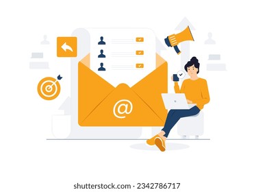 Subscribe to newsletter, Email campaign, online marketing and business. Open envelope with sending letter on laptop Sign up to mailing list concept Illustration