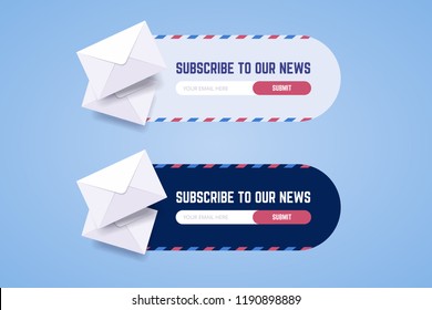 Abonnieren Sie das Newsletter-Formular für Web- und mobile Anwendungen in zwei Stilen mit Umschlägen. Vektorillustration-Illustration für neue Abonnenten.