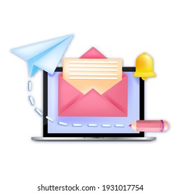 Subscribe newsletter, new email notification concept, laptop screen, paper airplane, open envelope, bell. Internet mail business marketing 3D illustration. Subscribe promotion newsletter isolated logo