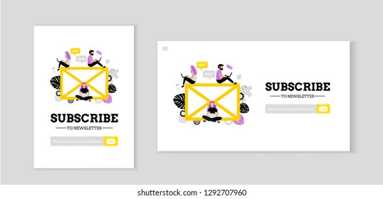 Subscribe to newsletter. News. Modern flat concept for web design. Vector illustrations with letter icon and people.