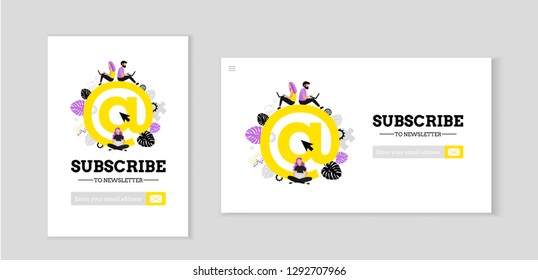 Subscribe to newsletter. News. Modern flat concept for web design. Vector illustrations with At sign and people.