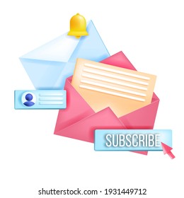 Subscribe newsletter, online email marketing isolated vector 3D concept, envelopes, notification bell. Social media postal internet illustration, button,profile. Subscribe newsletter message blog icon