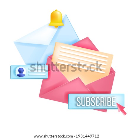 Subscribe newsletter, online email marketing isolated vector 3D concept, envelopes, notification bell. Social media postal internet illustration, button,profile. Subscribe newsletter message blog icon