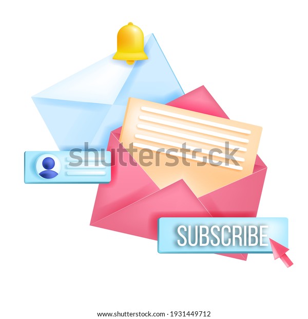 Subscribe newsletter, online email marketing\
isolated vector 3D concept, envelopes, notification bell. Social\
media postal internet illustration, button,profile. Subscribe\
newsletter message blog\
icon