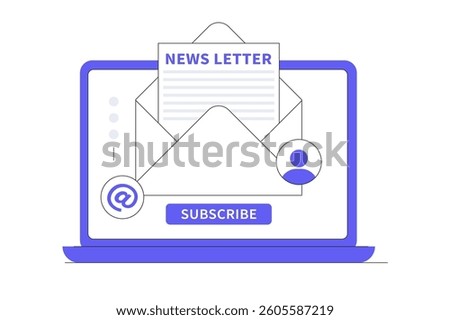 Subscribe to newsletter. Open envelope with document on laptop screen, Email marketing concept. Flat Cartoon Vector Illustration, icon. Stylish abstract design web