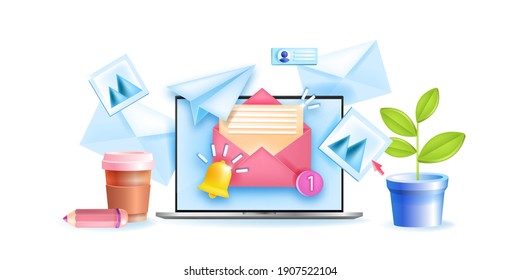 Subscribe to newsletter vector 3D concept, sign up to mailing list illustration, laptop, opened envelope. Email marketing, social media business banner, notification bell. Subscribe newsletter design 