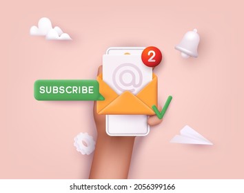 Subscribe To Newsletter. Vector Illustration For Online Marketing And Business. Open Envelope With Letter On Phone. Sign Up To Mailing List. 3D Web Vector Illustrations.