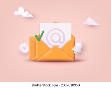 Subscribe to newsletter. Vector illustration for online marketing and business. Open envelope with letter on phone. Sign up to mailing list. 3D Web Vector Illustrations.