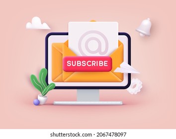 Subscribe to newsletter. Vector illustration for online marketing and business. Open envelope with letter on phone. Sign up to mailing list. 3D Web Vector Illustrations.