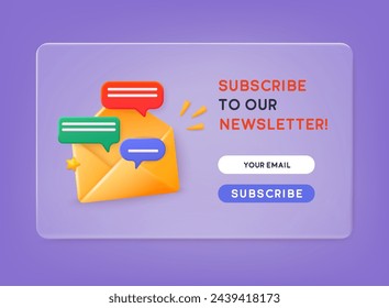 Subscribe to newsletter. Vector illustration for online marketing and business. Open envelope with letter on phone. Sign up to mailing list. 3D Web Vector Illustrations.