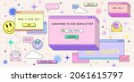 Subscribe newsletter web banner template in retro computer interface style. Retrowave design for mail marketing. 90s browser tab with new message, vintage browser dialog tab and hipster stickers.