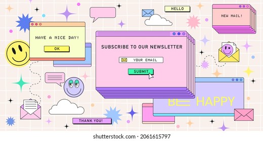 Subscribe newsletter web banner template in retro computer interface style. Retrowave design for mail marketing. 90s browser tab with new message, vintage browser dialog tab and hipster stickers.