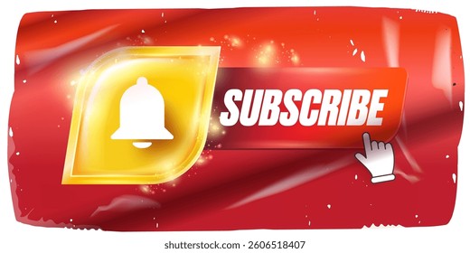 Subscribe Now Button Vector: Bold White Text on Dynamic Red and Yellow Background with Hand Cursor, Modern Design for Online Channels and Social Media Engagement