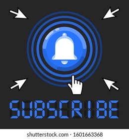 Subscribe now message with cursors around bell sign. Vector banner illustration with a call to join to community.