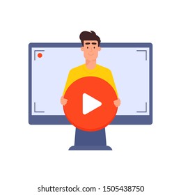 Subscribe Now To my channel. Flat Style Vector Illustration UI UX Design with the Subscribe Button Template and vector flat design man character near the computer. 