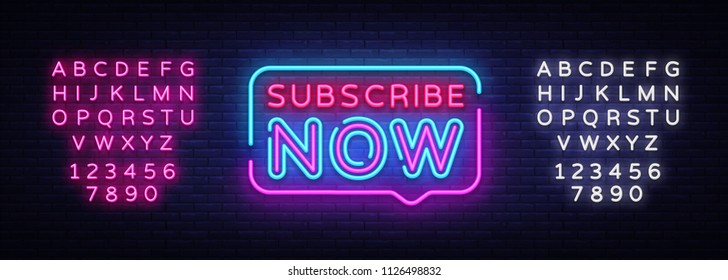 Subscribe Now neon signs vector. Subscribe Now text Design template neon sign, light banner, neon signboard, nightly bright advertising, light inscription. Vector. Editing text neon sign