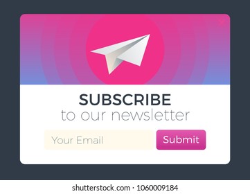 Subscribe Now For Our Newsletter. Flat Style Vector Illustration UI UX Design with Text Box and Subscribe Button Template. Modern gradient color and paper plane metaphor. 