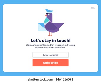 Subscribe Now For Our Newsletter. Flat Style Vector Illustration UI UX Design. With Text Box and Subscribe Button Template. Cute flat dove with the envelope. Stay in touch action call. 
