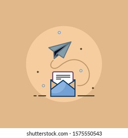 Subscribe Now For Our Newsletter. Flat Style Vector Illustration with email and paper rocket icon