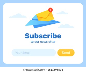 Subscribe Now For Our Newsletter. Flat Style Vector Illustration UI UX Design with Text Box and Subscribe Button Template. Plane with mail.