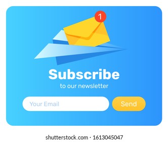 Subscribe Now For Our Newsletter. Flat Style Vector Illustration UI UX Design with Text Box and Subscribe Button Template. Plane with mail.