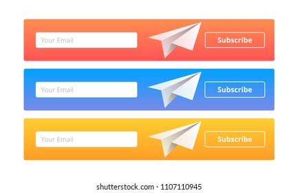 Subscribe Now For Our Newsletter input form set.  UI UX Design form template with Text Box and Subscribe Button Template with paper planes on different backgrouns