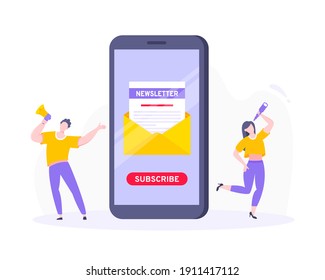 Subscribe now to our newsletter vector illustration with tiny people working with smartphone, envelope and newsletter. Email news subscription or mail marketing business flat style design concept.