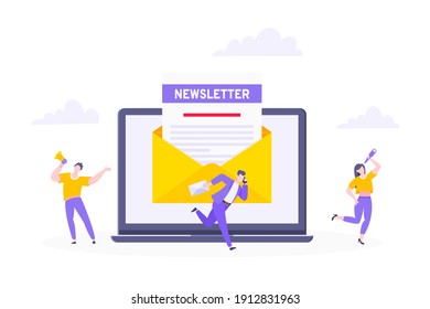 Suscríbase ahora a nuestro boletín informativo de ilustraciones vectoriales con personas diminutas trabajando con laptop, sobre y boletín. Suscripción a las noticias por correo electrónico o concepto de diseño de estilo plano de negocios de marketing por correo.