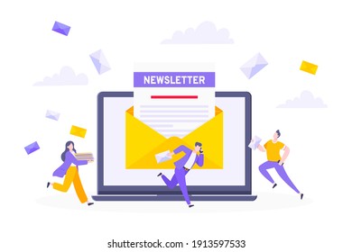 Subscribe now to our newsletter vector illustration with tiny people working with laptop, envelope and newsletter. Email news subscription or mail marketing business flat style design concept.