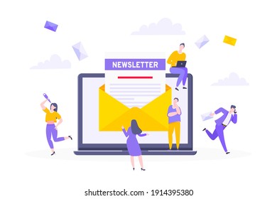 Subscribe now to our newsletter vector illustration with tiny people working with laptop, envelope and newsletter. Email news subscription or mail marketing business flat style design concept.