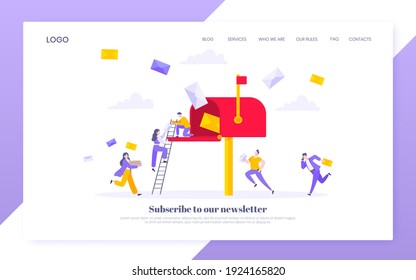 Subscribe Now To Our Newsletter Vector Illustration With Tiny People Running Toward Mailbox. Email News Subscription Or Mail Marketing Business Flat Style Design Landing Page Website Template Concept.