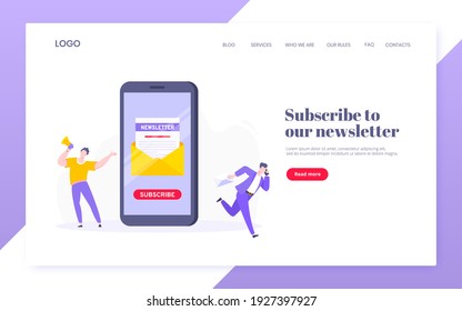Subscribe now to our newsletter vector illustration with tiny people working with smartphone and newsletter. Email news subscription or mail marketing business flat style design landing page concept.