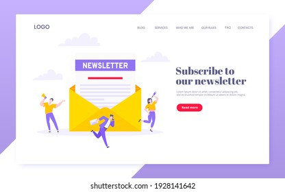 Subscribe Now To Our Newsletter Vector Illustration With Tiny People Working With Envelope And Newsletter. Email News Subscription Or Mail Marketing Business Flat Style Design Landing Page Concept.