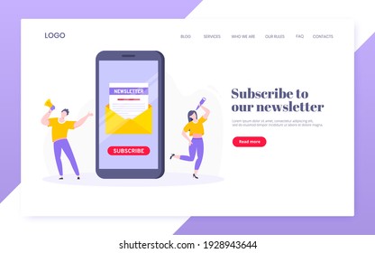 Subscribe now to our newsletter vector illustration with tiny people working with smartphone and newsletter. Email news subscription or mail marketing business flat style design landing page concept.