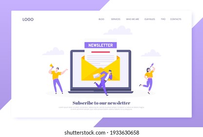 Subscribe now to our newsletter vector illustration with tiny people working with laptop, envelope and newsletter. Email news subscription or mail marketing business flat style design concept.
