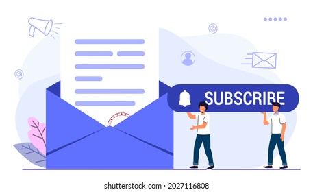 Subscribe Now Our Newsletter Vector Illustration With Tiny People Working Envelope Email Subscribe Concept Email Marketing System News Webpage  Information About Events Activities Company Information