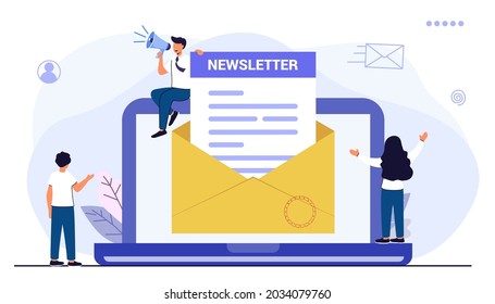 Subscribe now to our newsletter vector illustration with tiny people working with envelope and newsletter Buttons template Subscribe, submit Send by mail Follow me Business model newsletters content