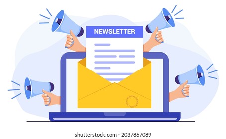 Subscribe now to our newsletter vector illustration with tiny people working with envelope and newsletter Buttons template Subscribe, submit Send by mail Follow me Business model newsletters content