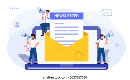 Subscribe now to our newsletter vector illustration with tiny people working with envelope and newsletter Buttons template Subscribe, submit Send by mail Follow me Business model newsletters content