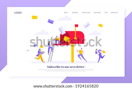 Subscribe now to our newsletter vector illustration with tiny people running toward mailbox. Email news subscription or mail marketing business flat style design landing page website template concept.