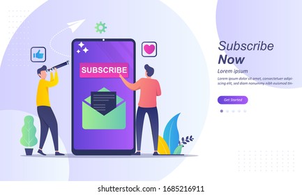 Subscribe Now, Red Button Subscribe To Channel, Phone With Online Newsletter, Email Marketing System Suitable For Web Landing Page, Ui, Mobile App, Banner Template. Vector Illustration. 