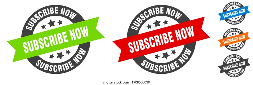 subscribe now stamp. subscribe now round ribbon sticker. label