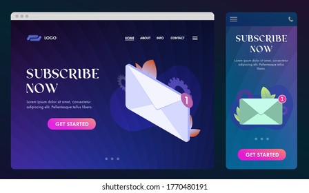 Subscribe Now UI UX web design and GUI Mobile application. Email Newsletter Subscription sign vector template for website header, banner, slider, landing page. Subscribe for membership e-mail channel