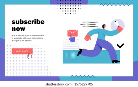 Subscribe now, website landing page. Man runs and rings the bell. Template for blog channel. Cartoon flat vector illustration